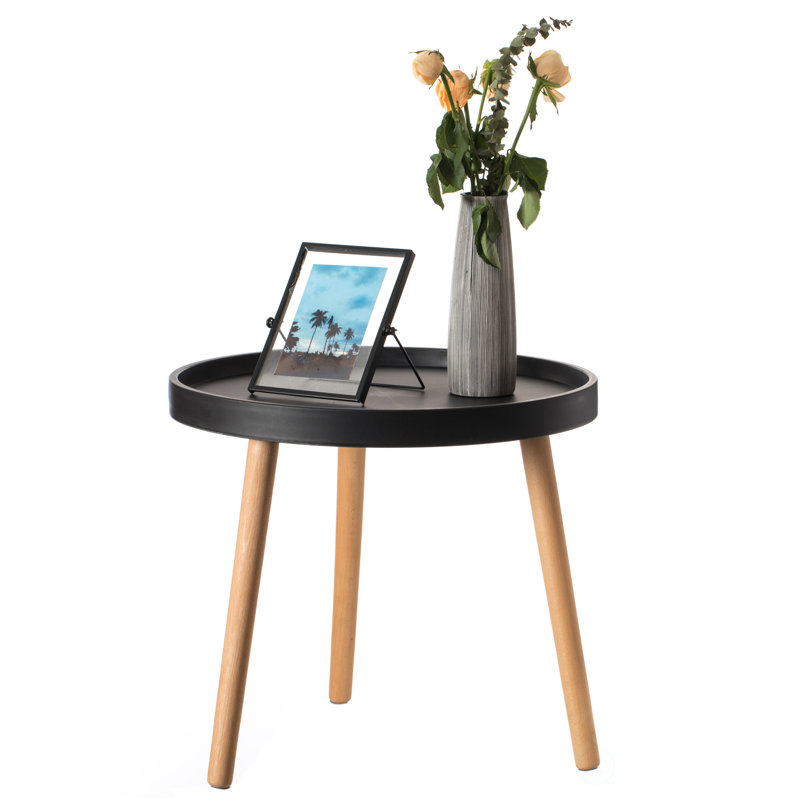 Table basse d'appoint moderne en plastique avec pieds en bois de hêtre, noir, Noir