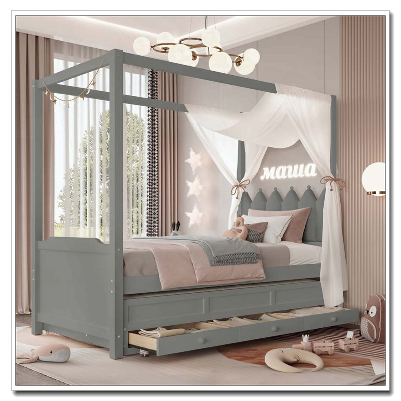 Lit plateforme double avec tête de lit tapissier, lit gigogne simple et 3 tiroirs, Lit double, Gris