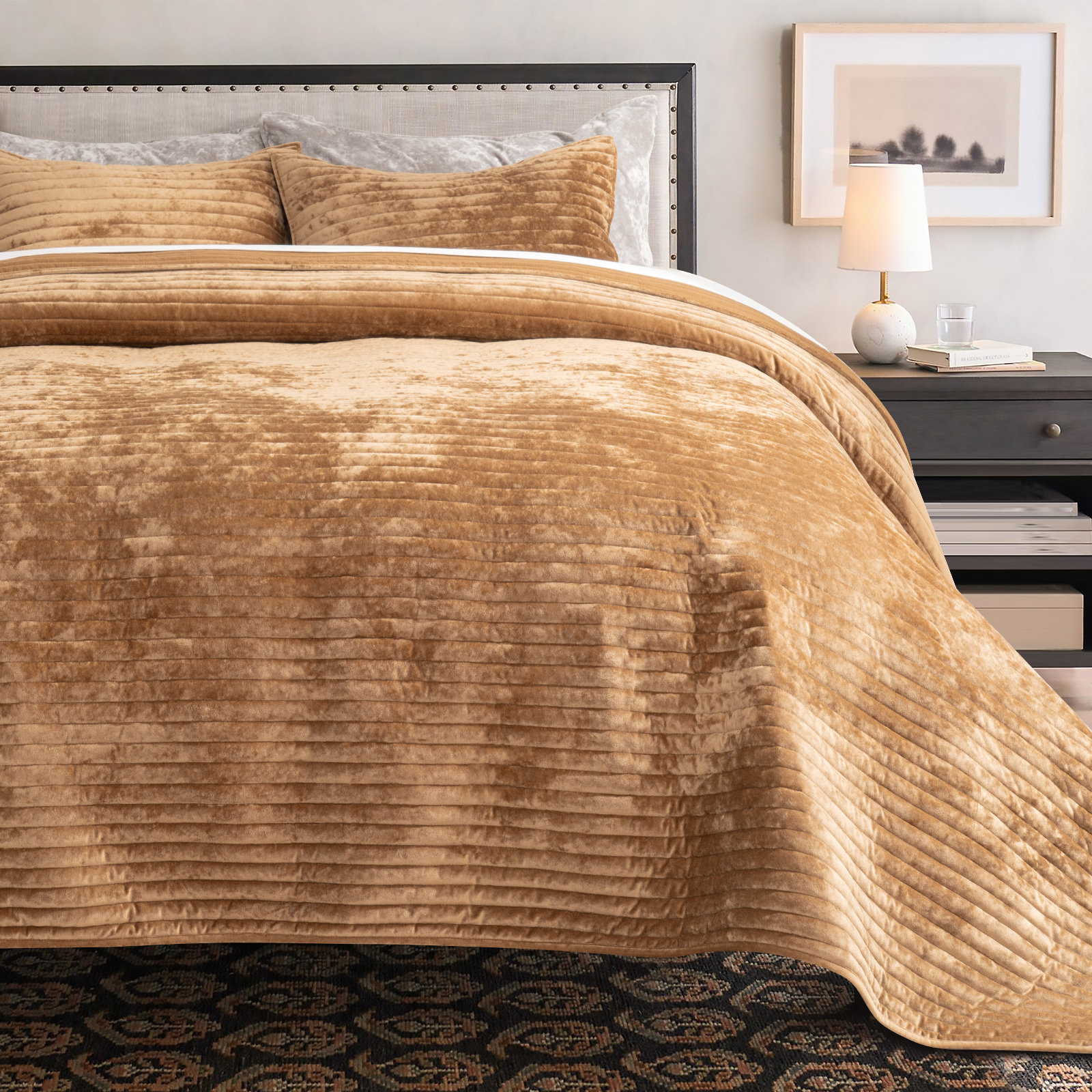 Luxe Velvet Channel Quilt Set, King, Gold Yellow