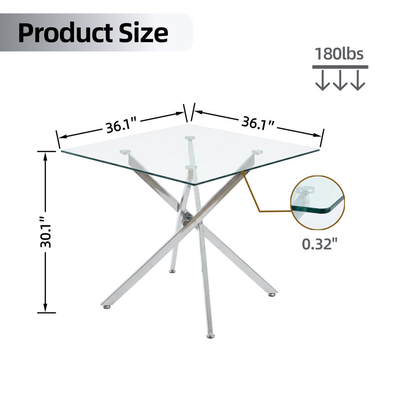 Table de salle à manger 36 "carrée en verre trempé transparent avec pieds en métal, argent, Argent