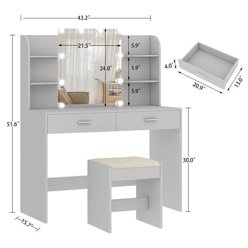 Engelsman Vanity Set with 10 LED Light Bulbs Christmas Gifts, with 2 Drawers, 6 Storage Shelves & Cushioned Stool, Gray