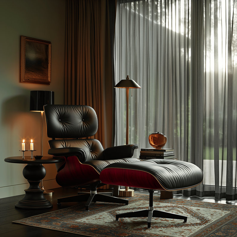 Real Leather lounge chair with Solid Wood, Red Wood Black Genuine Leather