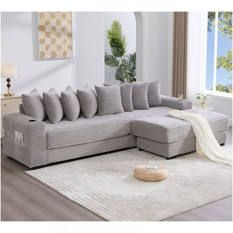 Canapé modulaire en L 110,75 po, canapé modulaire en velours côtelé, avec porte-gobelet mobile, porte-gobelets, 8 coussins décoratifs, poche latérale, déplier en lit, gris clair