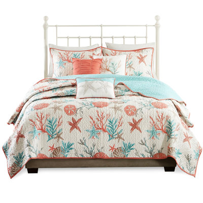 Coral Full/queen 6 Piece Cotton Quilt With Pillows, All Over Printed Shells & Corals, Soft Fabric, Vermicelli Design, Coastal Embroidery Details, , Machine Washable Throw Size, Corals Starfish ,
