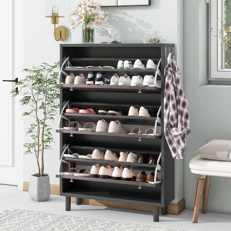 Slim Shoe Rack With Flip Drawers, Hanging Hooks, Adjustable Panels, And Slits Design For Entryway Organization And Shoe Storage