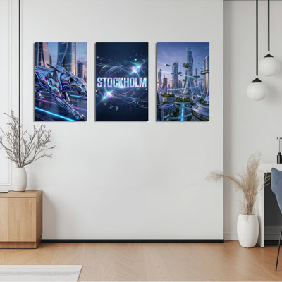 Ensemble de 3 toiles murales futuristes représentant une panthère cybernétique et un paysage urbain de Stockholm