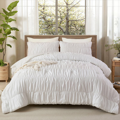 100% Cotton Ruched Comforter Set King Size,White Ruffle Comforter Set,Cotton Ruched Bedding Set,Romantic Vintage Ruffle Comforter 3 Pcs, Luxury Textured Pleat Artistic Bedding for All Seasons