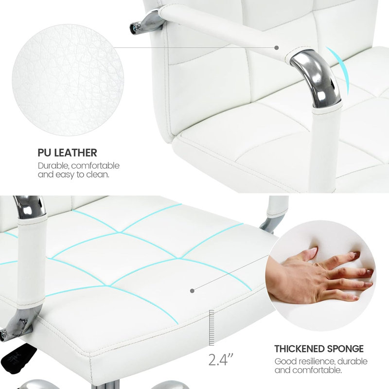 Kundra Desk Chair, Modern Pu Leather Home Office Task Chair With Arms, Adjustable Swivel Computer Executive Chair, White