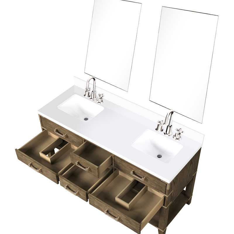 Meuble-lavabo double en chêne gris 60 po, profondeur 22 po, comptoir en quartz blanc, robinet 28 po - Décoration de salle de bain 60 po x 22 po, robinet poli