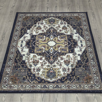 Ottomanson High Point Vintage Oriental Design With Borders Rubberback Rug, 20" X 59", Navy