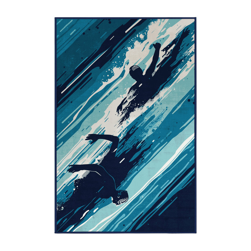 Machine Washable Hubbard Water Polo Action Modern Rug in Green – Navy Binding, 2x5