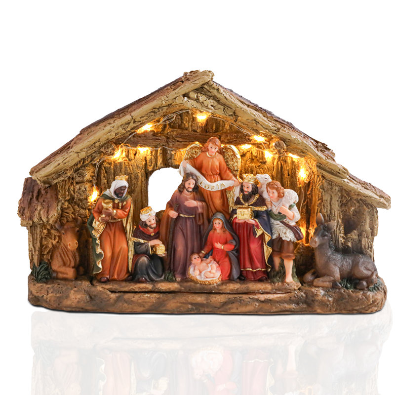 Figurine de Noël de Noël, l'origine des figurines de Noël en résine avec des couleurs chaudes et un éclairage à DEL, décoration de table
