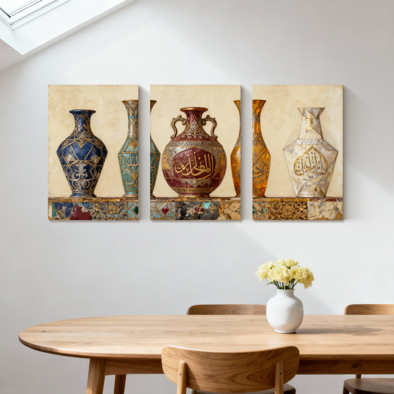 vase de poterie, vases arabes avec calligraphie et motifs, ensemble de 3 impressions sur toile, H 18 po x l 36 po