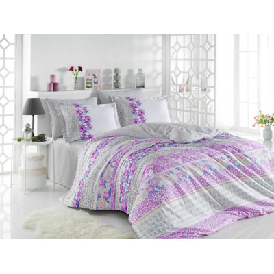 Ensemble de housse de couette en popeline de qualité supérieure, gris, blanc et lilas, grand (63 x 87) | 100% coton, densité de tissage 152 | Comprend une housse de couette (63 x 87), un drap plat (63 x 94), 1 taie d'oreiller (20 x 28) | Lavable à la 