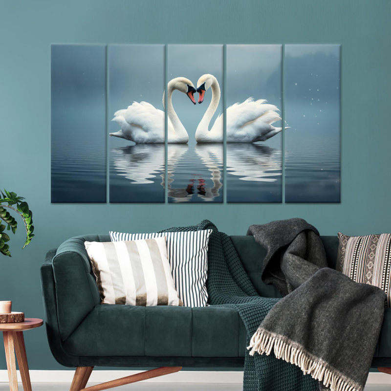 Impression sur toile Swans in Love: Elegant Living Wall Decor, toile tendue 5P, H : 43,3 x L : 98,4 pouces