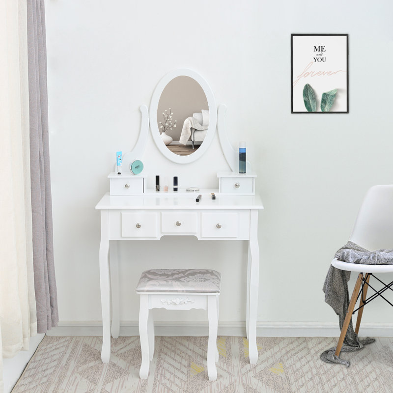 Coiffeuse 5 tiroirs à miroir simple blanc