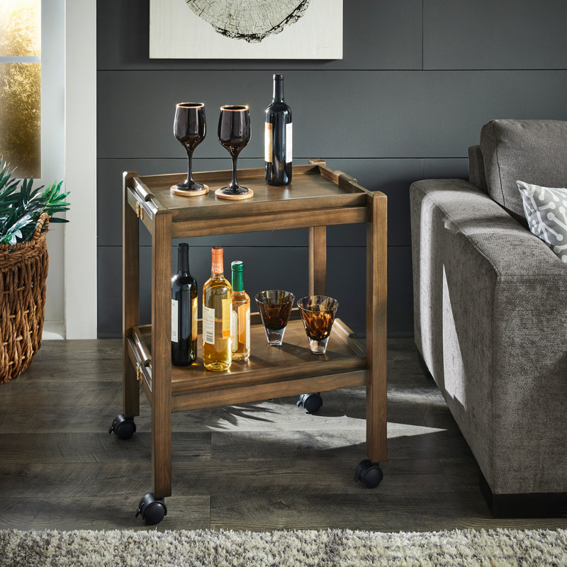 Telluride Wood Finish Folding Bar Cart With Two Detachable Trays, Brown Wood/Brown Wood