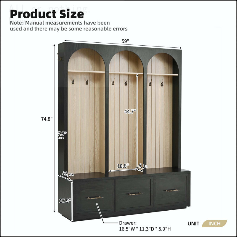 Arched Wooden Hall Tree with 8 Hooks and Drawers, Black