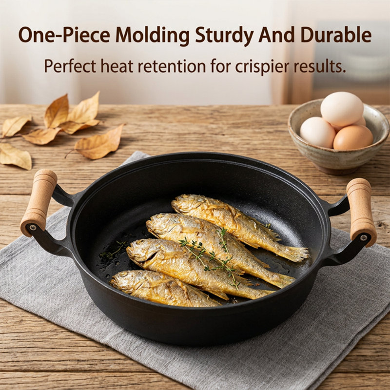 Cocotte en fonte épaisse et robuste avec couvercle en bois et double poignée ; construction durable en fonte, idéale pour de multiples préparations culinaires comme les mijotés, les braisés et les fritures ; fond plat non revêtu : un ustensile de cuisine pratique et indispensable.