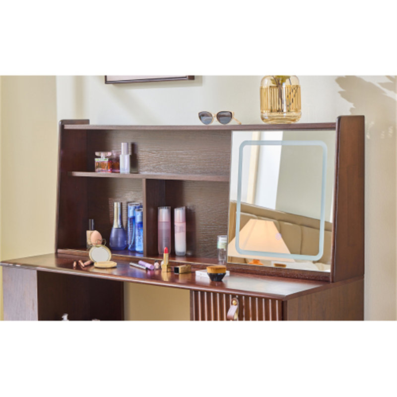 Walnut Makeup Vanity Set With 3-Light Mode Adjustable Mirror - Modern Dressing Table With Large Storage Shelf, Spacious Drawer & Cabinet - Elegant Beauty Desk For Bedroom