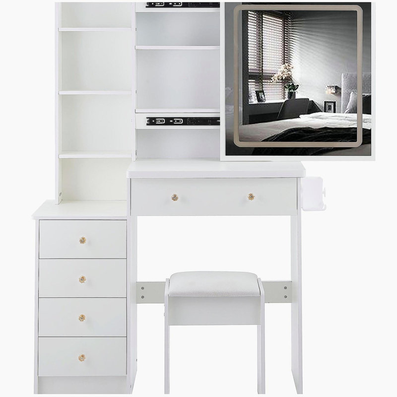 37" Middle Size Left Bedside Cabinet Vanity Table + Cushioned Stool Dresser Set, 2 AC+2 USB Socket, Hair Dryer Stand, Large Touch Control LED Sliding Mirror, 3-Color Switch, EPA, GCC, UL Certificate