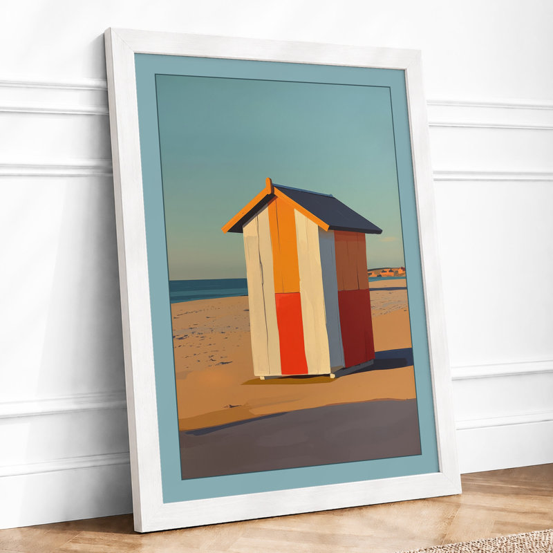 Striped Beach Hut Coastal - Framed Print, A3 - 42.0 x 29.7 cm, White