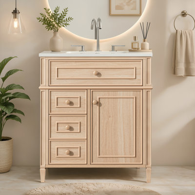 Meuble-lavabo simple 30 po avec comptoir en céramique, meuble-lavabo autoportant avec tiroir rabattable, 3 tiroirs et armoire de rangement
