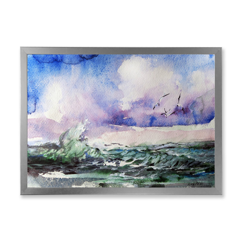 " Wave And Sea Gulls VIII ", 16" H x 32" W x 1" D, Silver Picture Framed