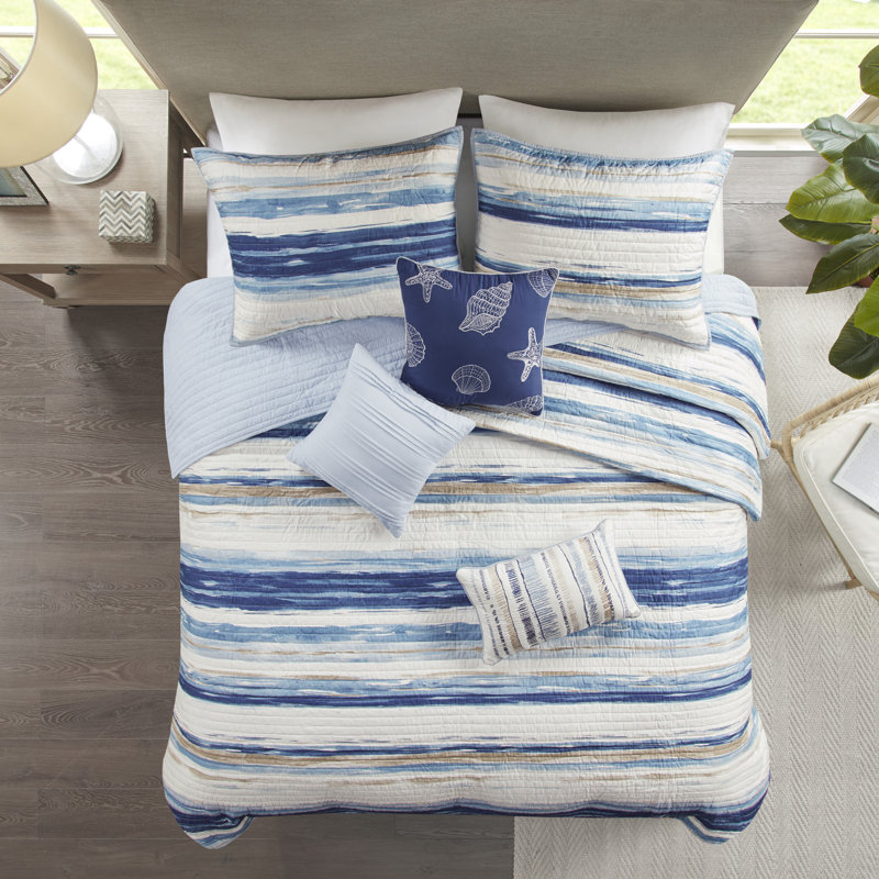 Marina 6 Piece Printed Quilt Set with Throw Pillows, King/Cal. King Coverlet + 5 Additional Pieces, Blue/Beige