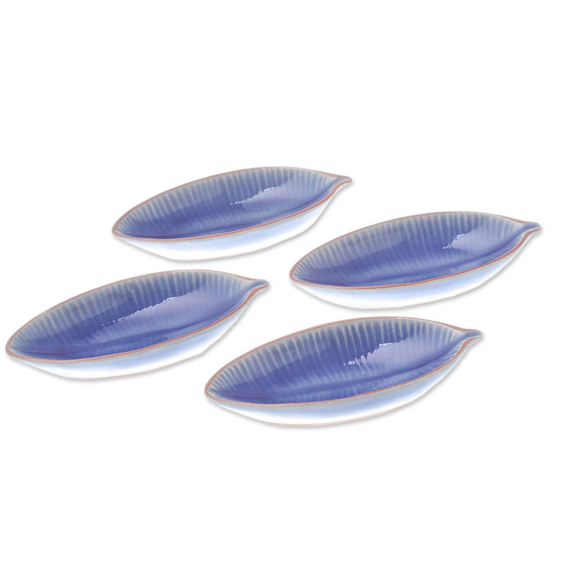 Set of 4 Blue Ceramic Leaf-Shaped Serving Bowls