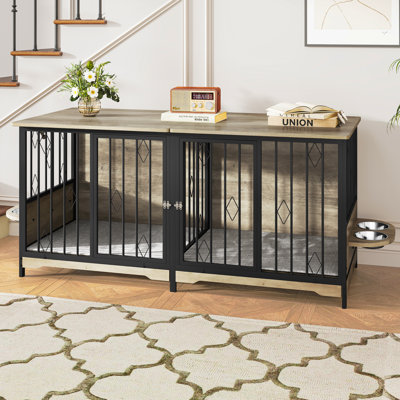 Latitude Run 71W Double Large Furniture-Style Dog Crate With Mat, Feeding Bowl