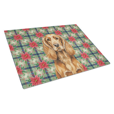 Sussex Spaniel Christmas PoinsettIas Glass Cutting Board
