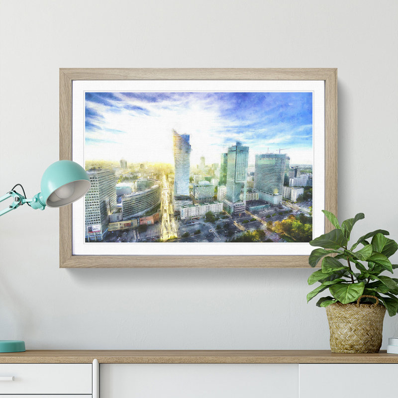 Skyline of Warsaw in Poland - Picture Frame Painting Print, Oak Framed, 45cm H x 63cm W x 2cm D