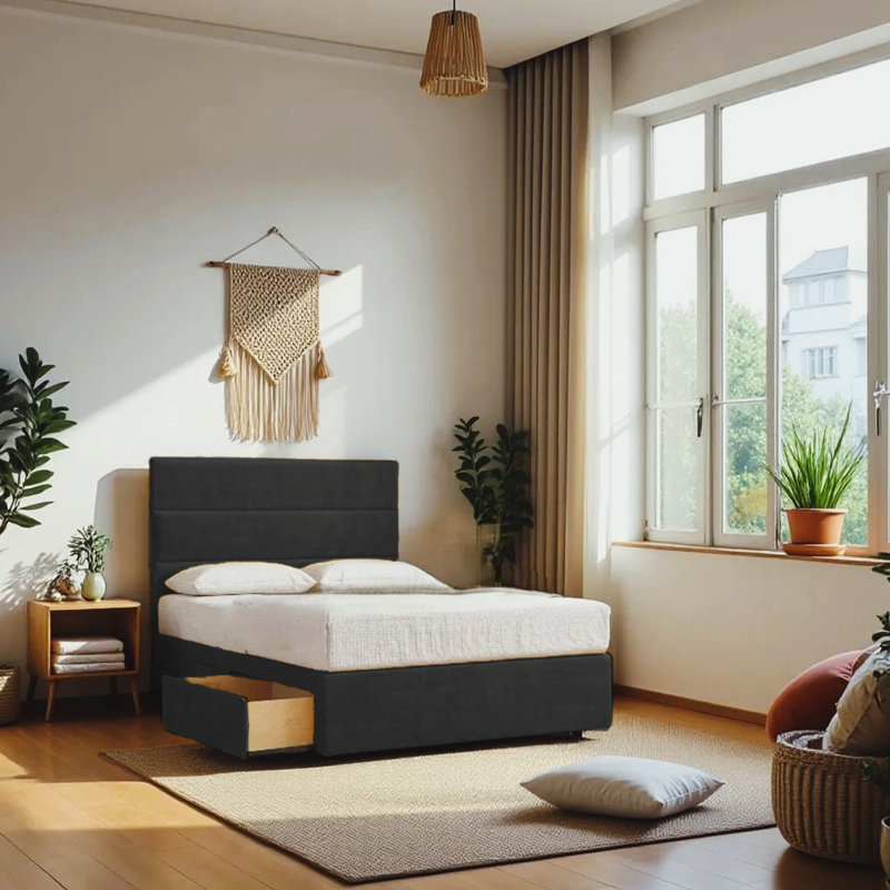 Upholstered Bed with Mattress, Black, Double (4'6)