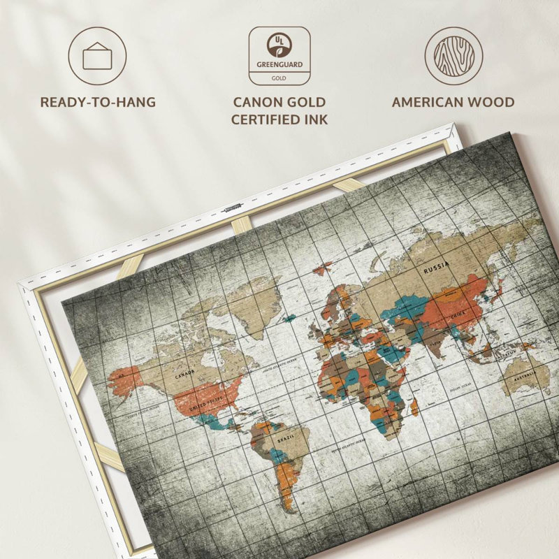 Aliaz Dirty Grid World Map, 26" H x 39" W