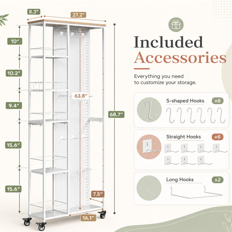 Chariot de rangement roulant à 5 niveaux avec panneau perforé double face - Une armoire utilitaire mobile avec des roues pour une organisation de bureau à domicile flexible.