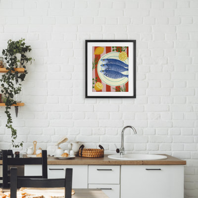 Seafood & Herbs on Stripes Framed Print Under Glass, design by Courtney Haley