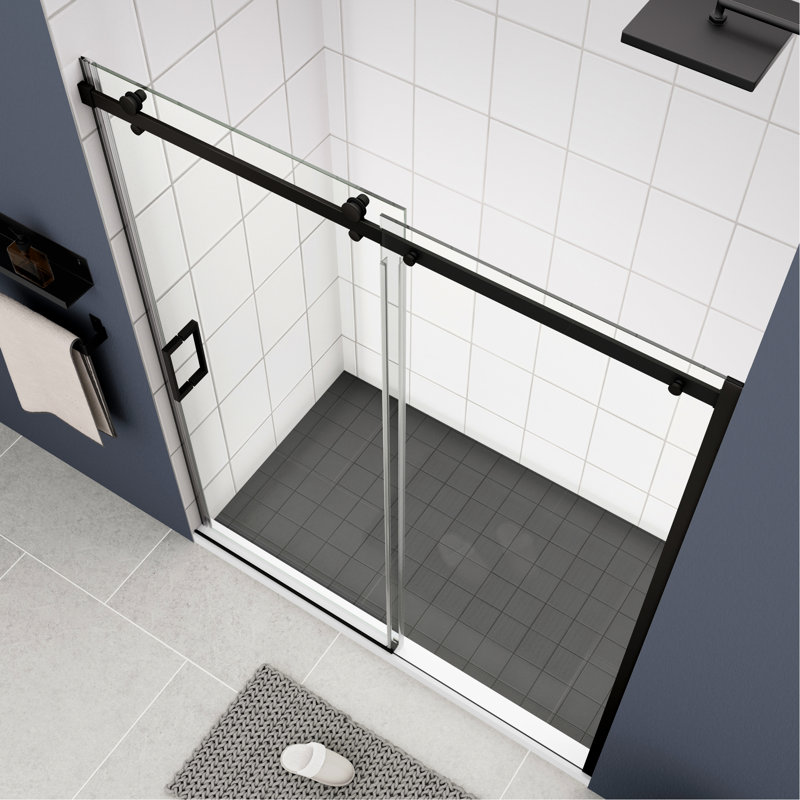 Sliding Shower Door For Bathroom - 5/16" Tempered Glass, Matte Black, Adjustable Channel With Glass Leak & Easy Installation
