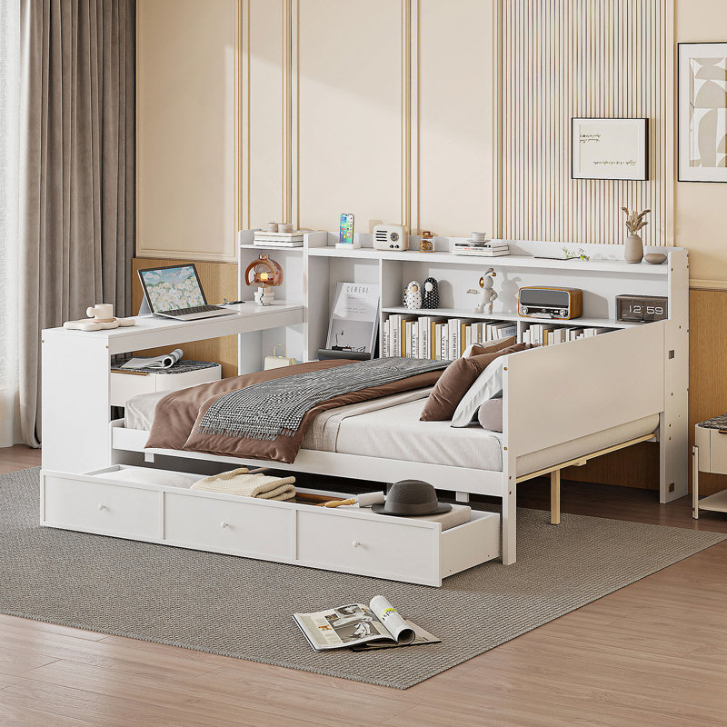 Lit de jour en bois avec 3 tiroirs, ports USB et bureau, gris, Double