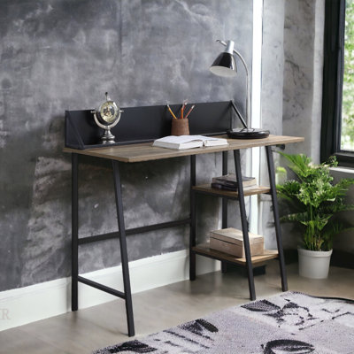 Rustic Oak And Black 2-Shelf Writing Desk With H-Shaped Base, Perfect For Modern Workspaces And Home Decor.