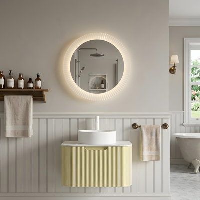 Striped bathroom cabinet with a white round ceramic sink