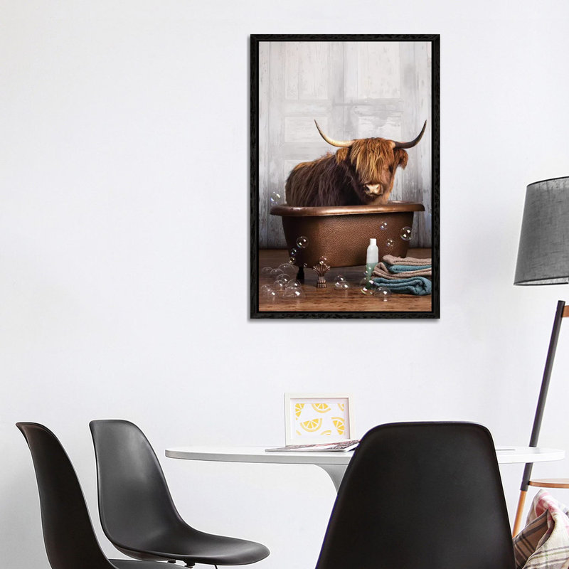 Highland Cow In The Tub by Domonique Brown - Print on Canvas, 101.6 cm H x 66.04 cm W, Black Framed Canvas