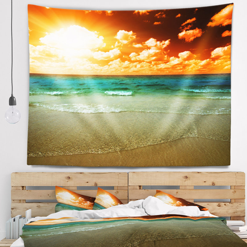 Tapisserie de paysage marin sur une plage tropicale, H 50 po x l 60 po