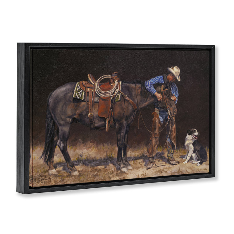 «Western Horse & Dog» par David Graham, Cadre flottant noir de jais, H 21 po x l 31 po