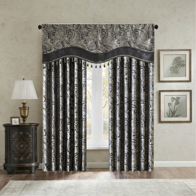 Jacquard Window Rod Pocket Valance With Beads Black 50X18"