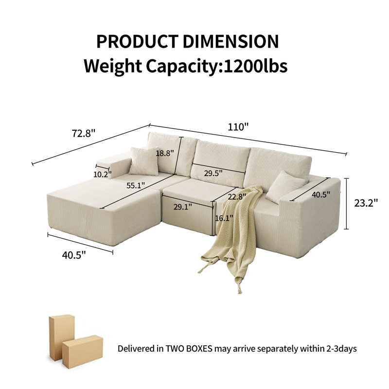 Canapé modulaire en forme de L avec repose-pieds et coussins Boneless Westhampton, Velours côtelé beige