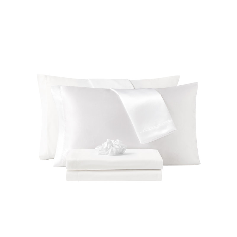 7 Piece Sheet Set with Satin Accessories, White, Queen