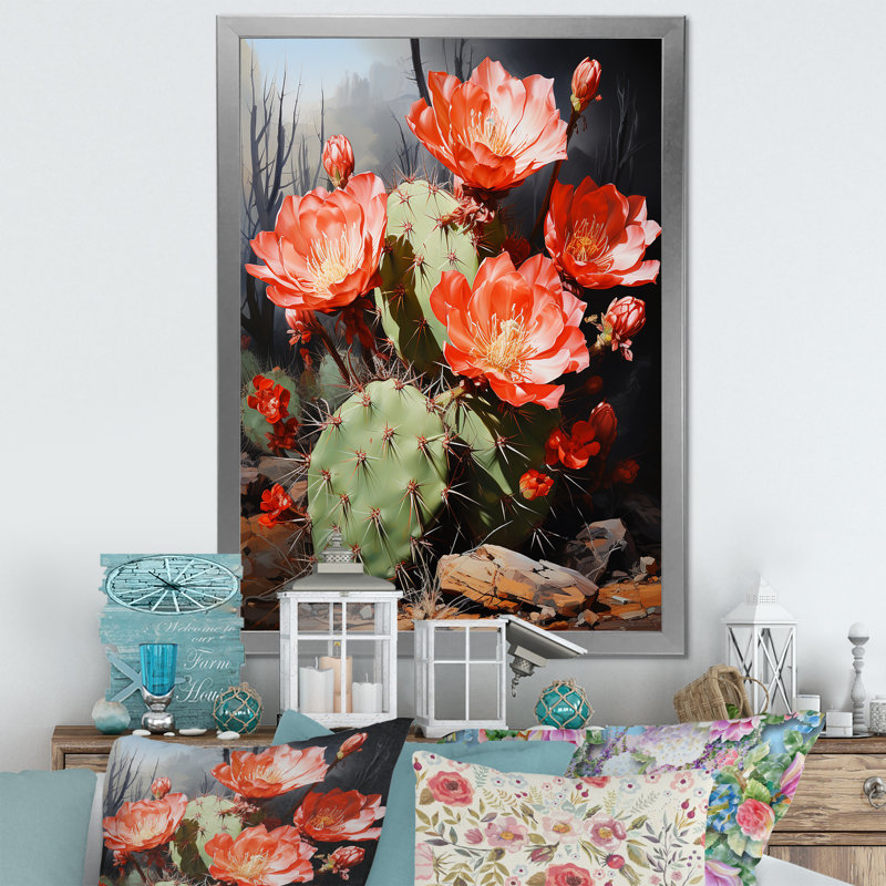 " Cactus Ruby Blooms ", Silver Single Picture Framed, 40" H x 30" W x 1.5" D
