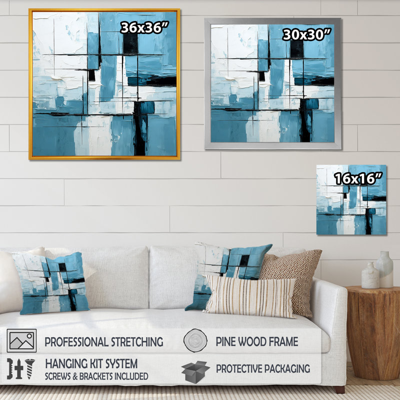 Cubes bleus et blancs sur l'océan - Décoration murale abstraite, H 24 po x l 24 po x P 1 po, Cadre flottant doré