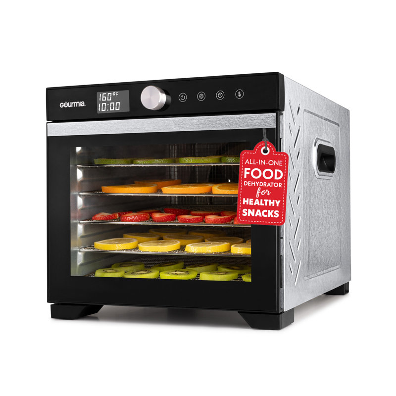 Gourmia 6 Tray Digital Food Dehydrator with 360° Airflow, Glass Door, Stainless Steel Trays, Timer & Temperature Control